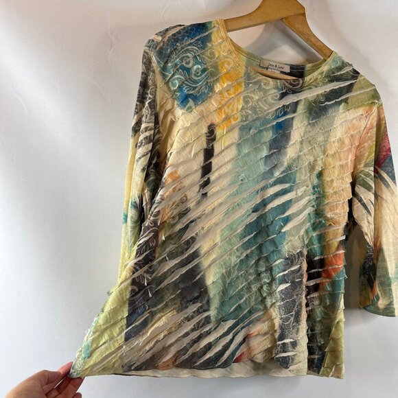 Jess & Jane Womens Multicolor Blouse Top Abstract Ruffle Overlay 3/4 Sleeves PL - Picture 4 of 10